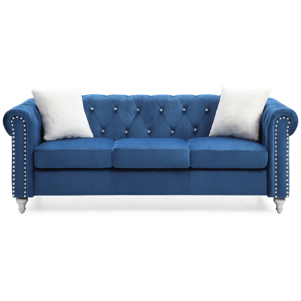 Raisa 83 In. Navy Blue Velvet 3Seater Sofa With 2Throw Pillow