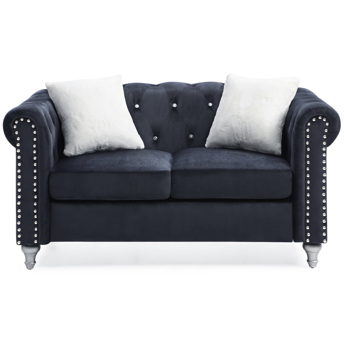 Raisa 60 In. Black Velvet 2Seater Sofa With 2Throw Pillow