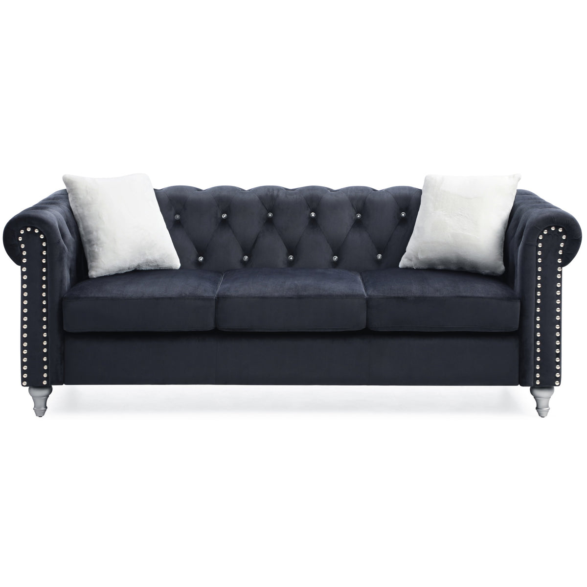 Raisa 83 In. Black Velvet 3Seater Sofa With 2Throw Pillow