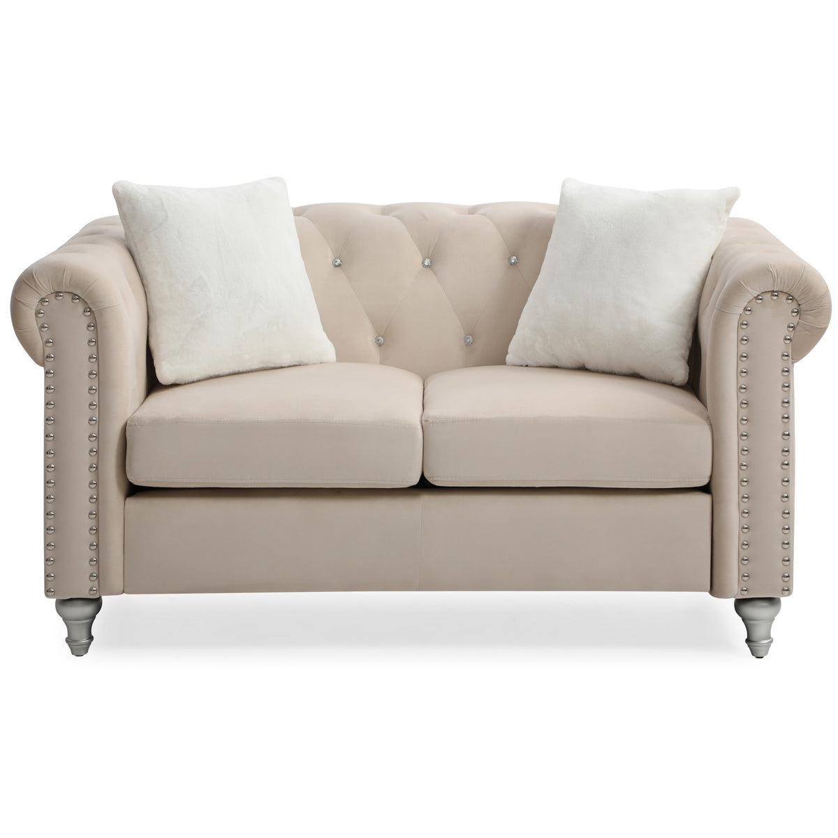 Raisa 60 In. Beige Velvet 2Seater Sofa With 2Throw Pillow