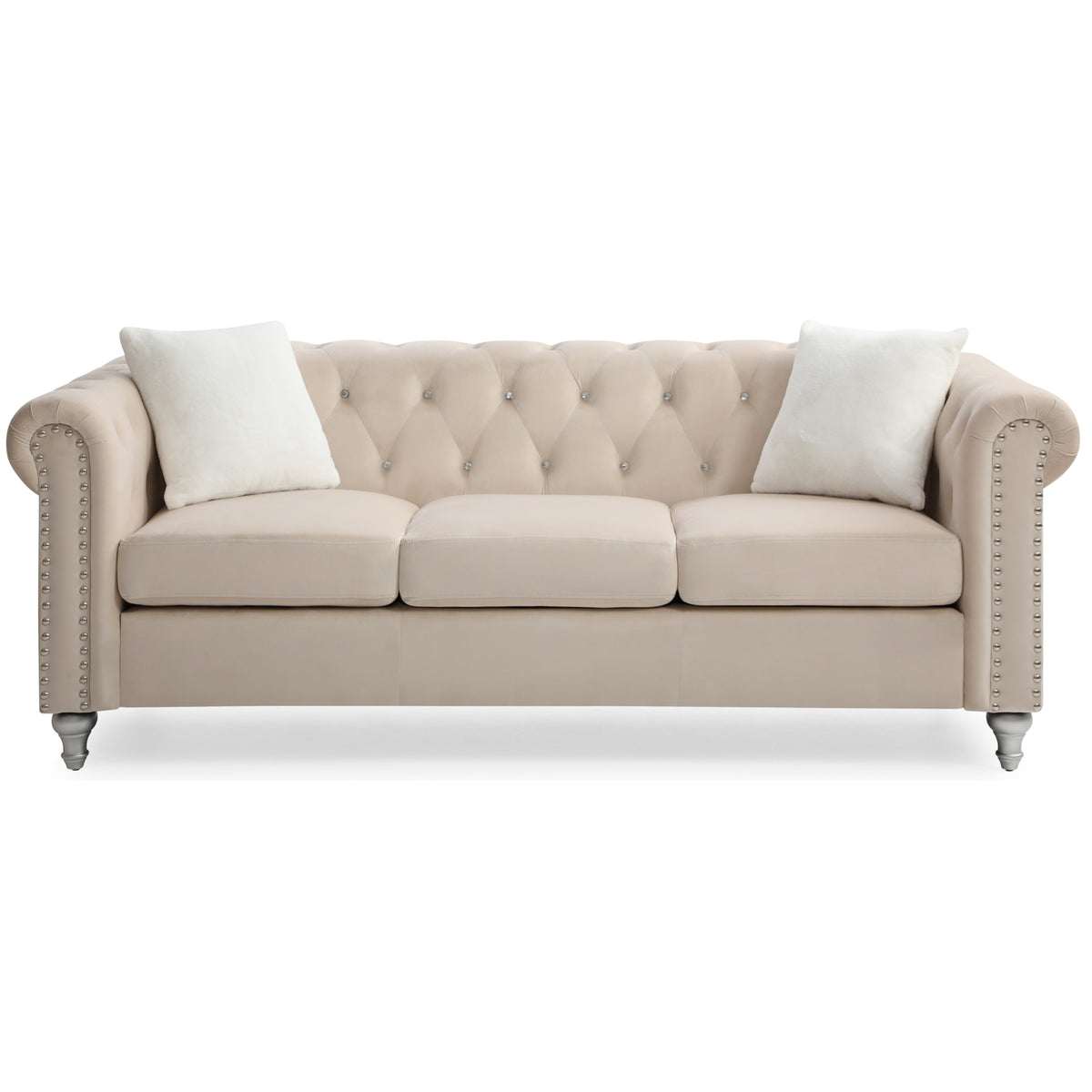 Raisa 83 In. Beige Velvet 3Seater Sofa With 2Throw Pillow