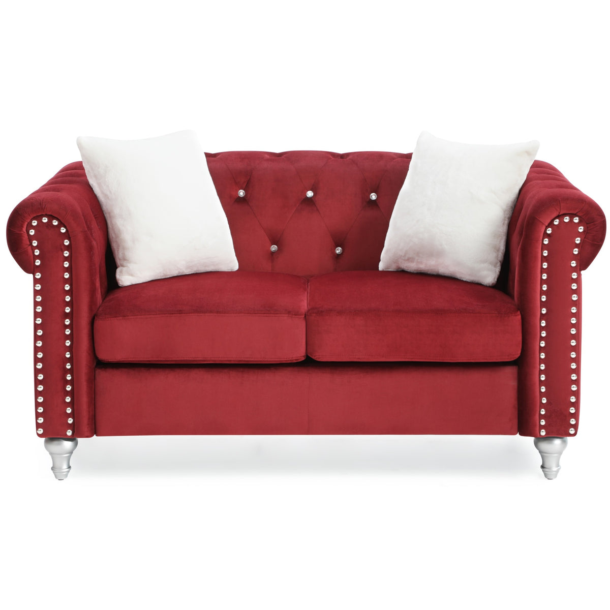 Raisa 60 In. Burgundy Velvet 2Seater Sofa With 2Throw Pillow