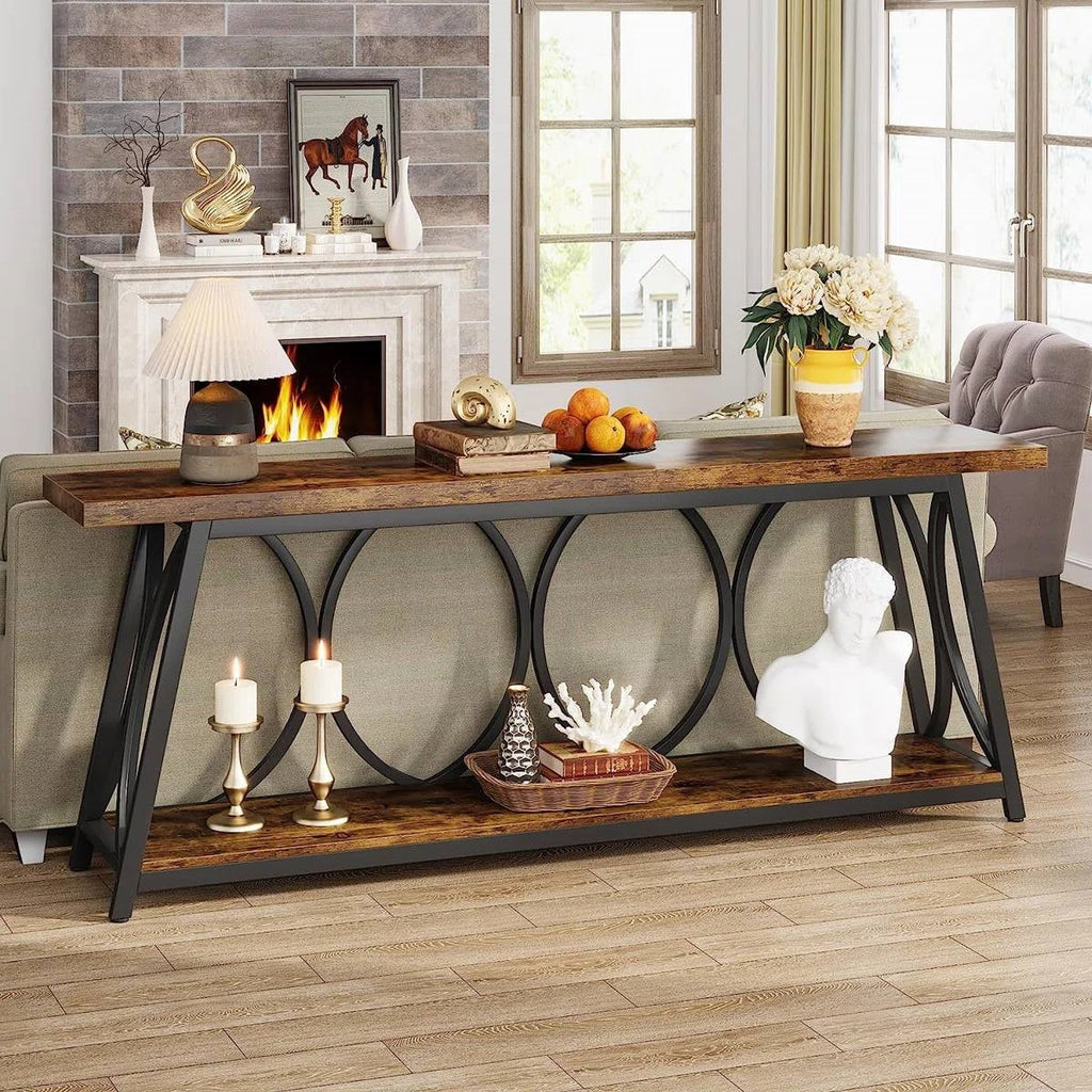 Industrial 70-in. Brown Wood Top Console Table with Heavy Duty Black Metal Frame
