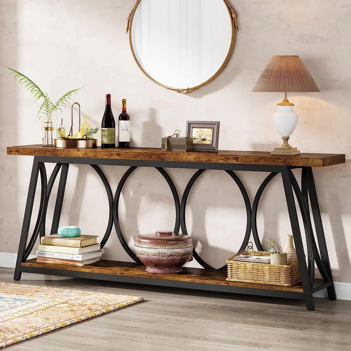 Industrial 70-in. Brown Wood Top Console Table with Heavy Duty Black Metal Frame