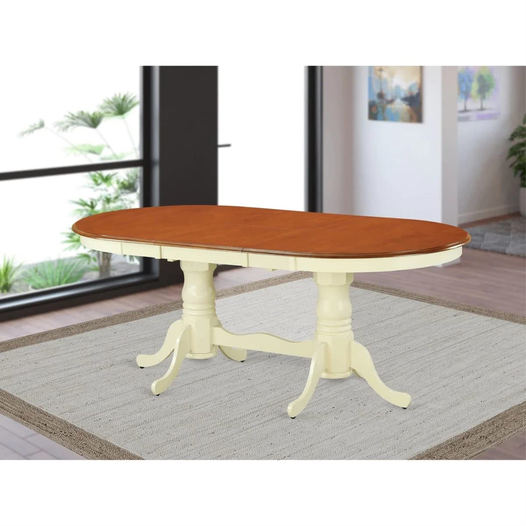 East West Furniture PVT-WHI-TP Plainville Kitchen Dining Table - an Oval Wooden Table Top with Butterfly Leaf & Double Pedestal Base, 42x78 Inch, Buttermilk & Cherry