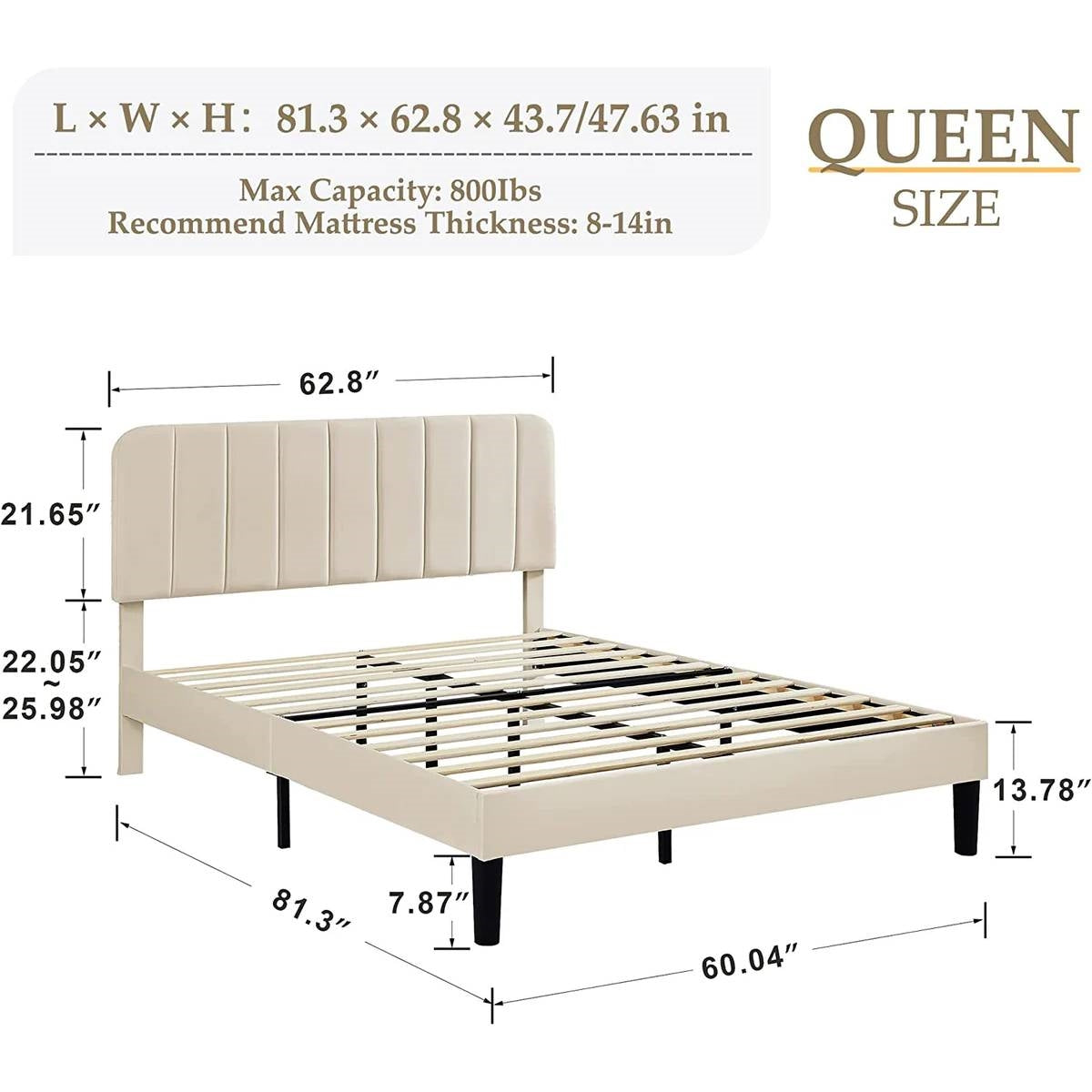 Queen size Beige Upholstered Platform Bed Frame with Headboard