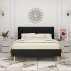 Queen size Mid-Century Black Linen Platform Bed Frame with Upholstered Headboard