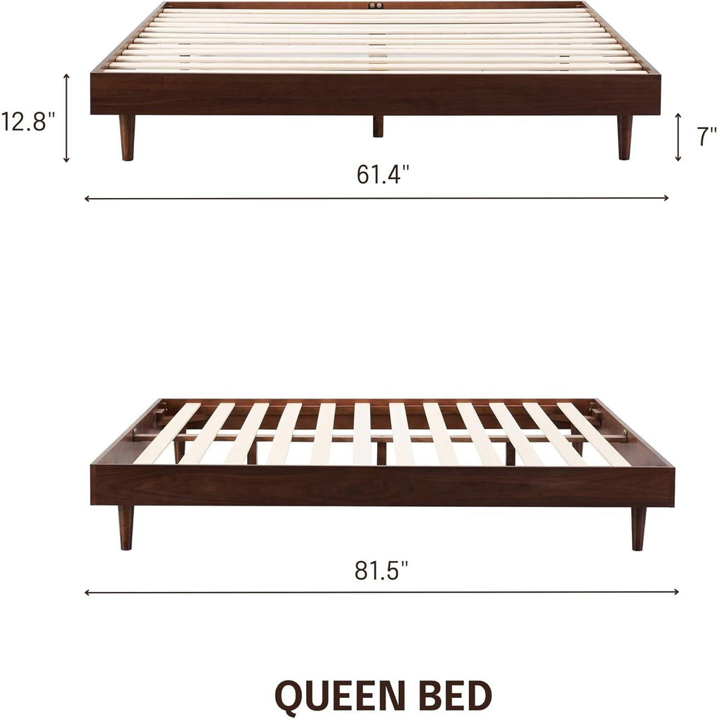 Queen size Mid-Century Modern Platform Bed Frame in Dark Brown Wood Finish