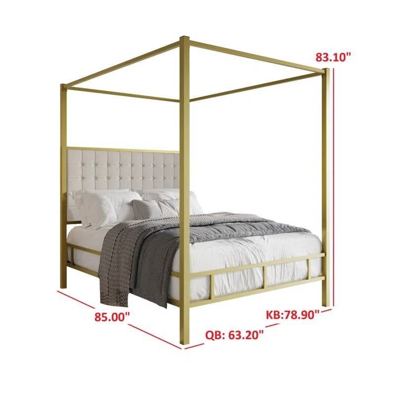 Queen size Gold Metal Canopy Bed with Upholstered Button-Tufted Headboard