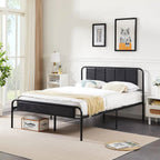 Queen size Black Wood Metal Platform Bed Frame with Rounded Headboard Footboard