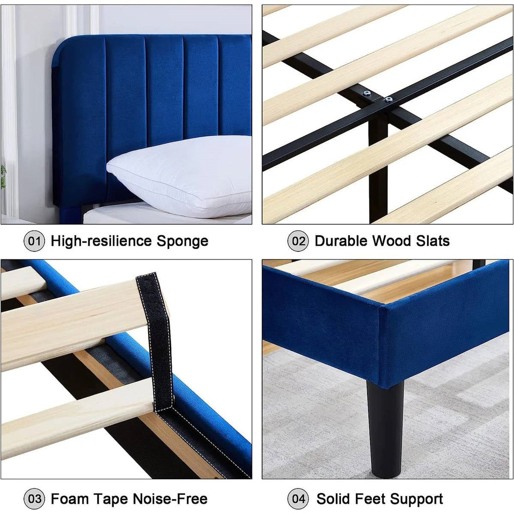 Queen size Blue Upholstered Platform Bed Frame with Headboard