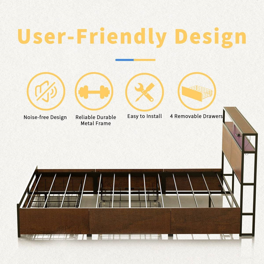 Queen size Platform Bed with Headboard and Storage Drawers in Brown Wood Finish