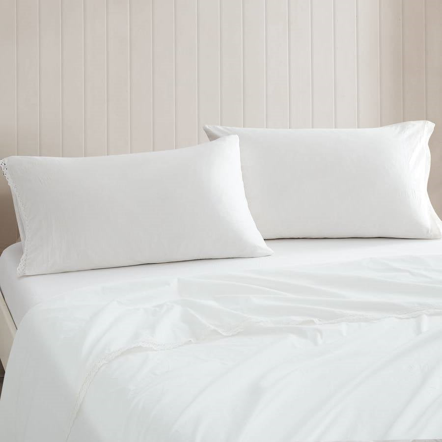 Queen Size 4 Piece 100-Percent Cotton Sheet Set in White with Lace Trim
