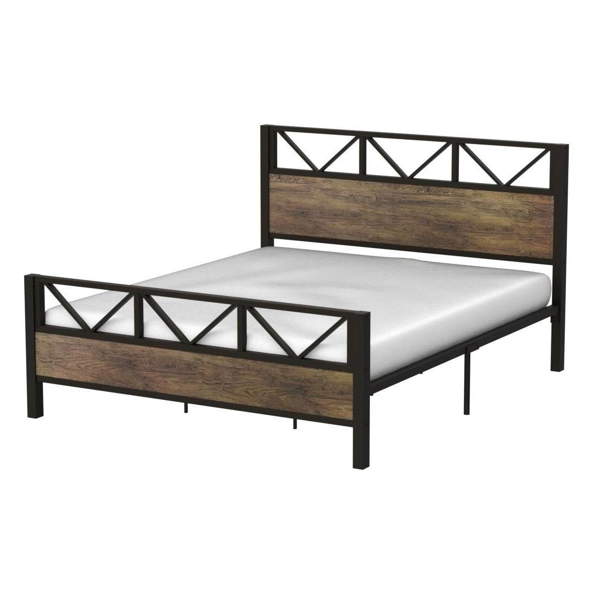Queen Metal Wood Vintage Industrial Platform Bed Frame with Headboard Footboard