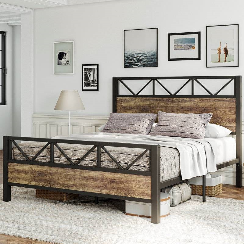 Queen Metal Wood Vintage Industrial Platform Bed Frame with Headboard Footboard