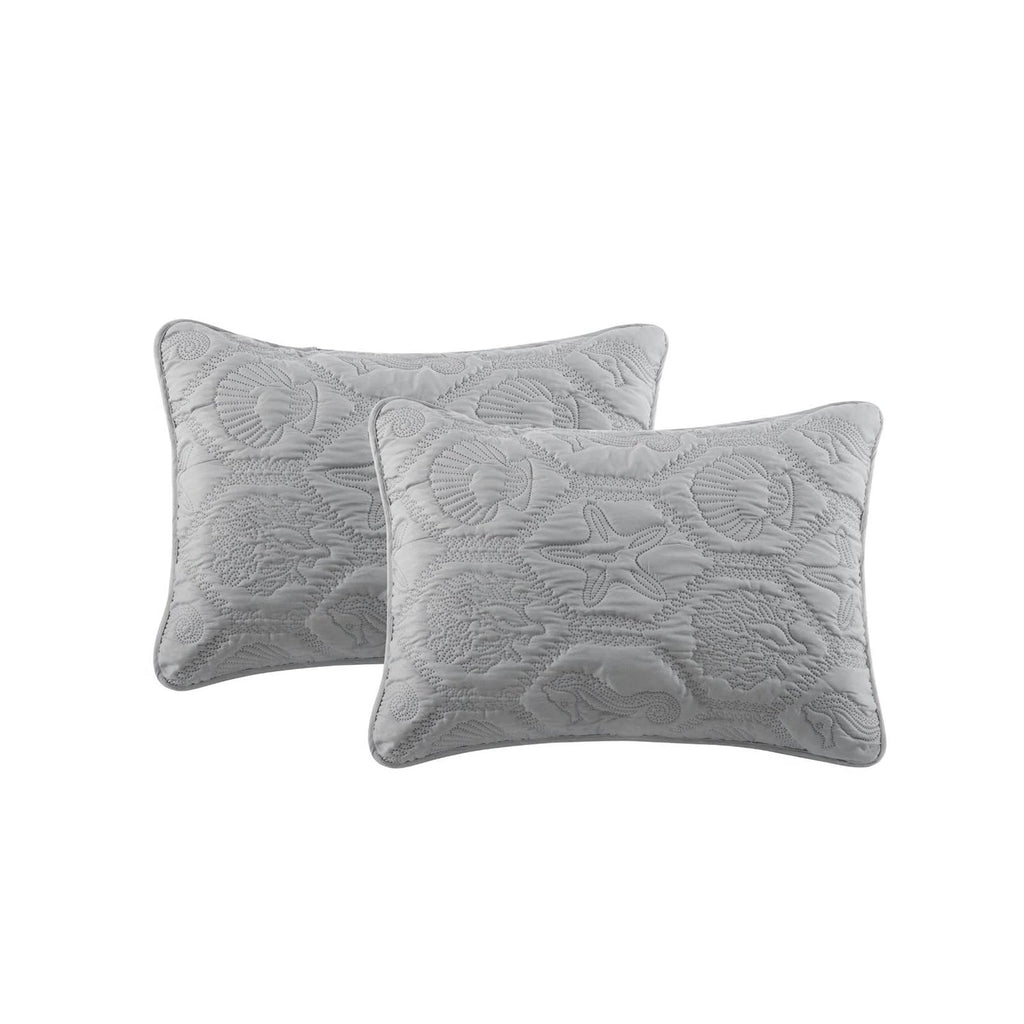 Queen Coastal Beach Embossed Starfish Seashell Seahorse Grey 3-Piece Quilt Set