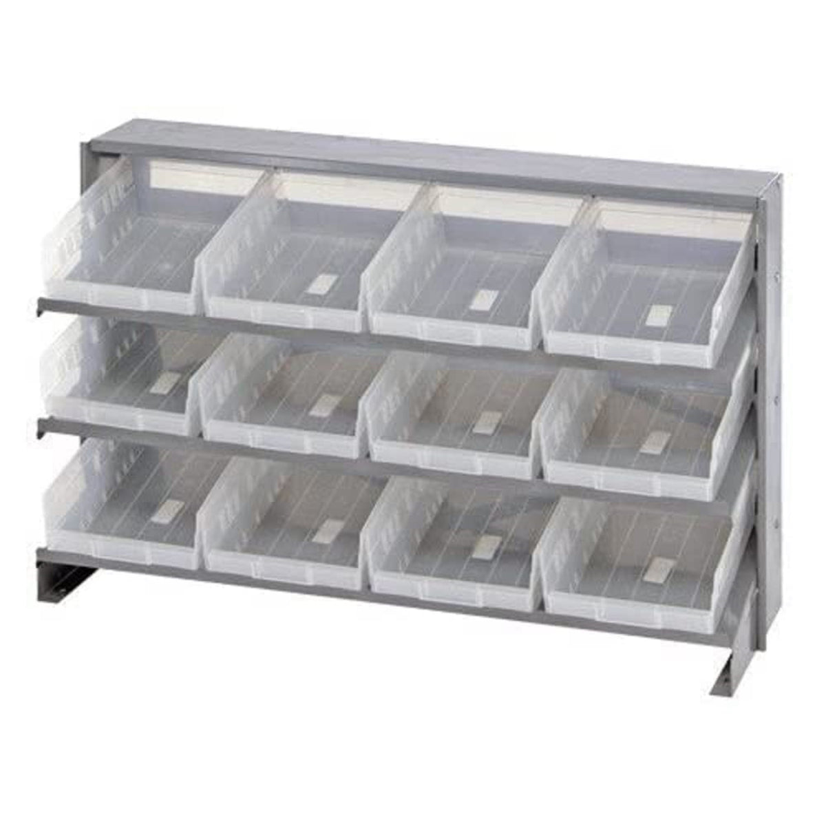 Pick Rack, slopped, bench style, 12-1/2L x 36W x 23H, 250 lbs. capacity, (3) shelves configuration, includes: (12) QSB107 clear 