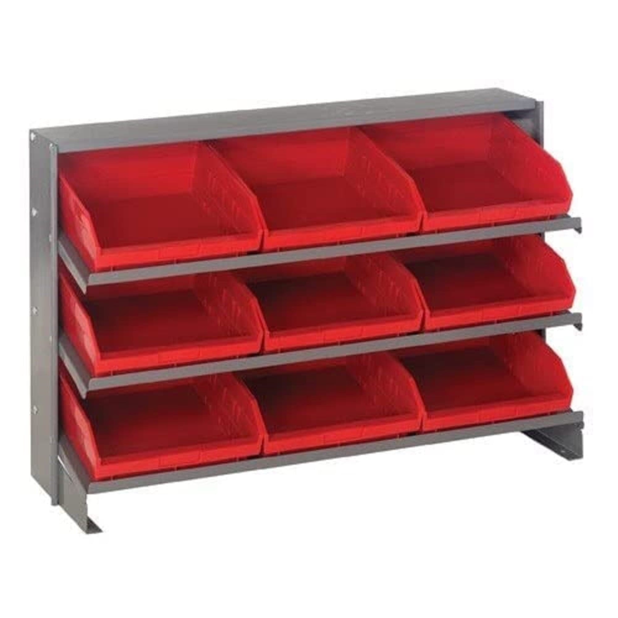 Pick Rack, slopped, bench style, 12-1/2L x 36W x 23H, 250 lbs. capacity, (3) shelves configuration, includes: (9) QSB109 red bin