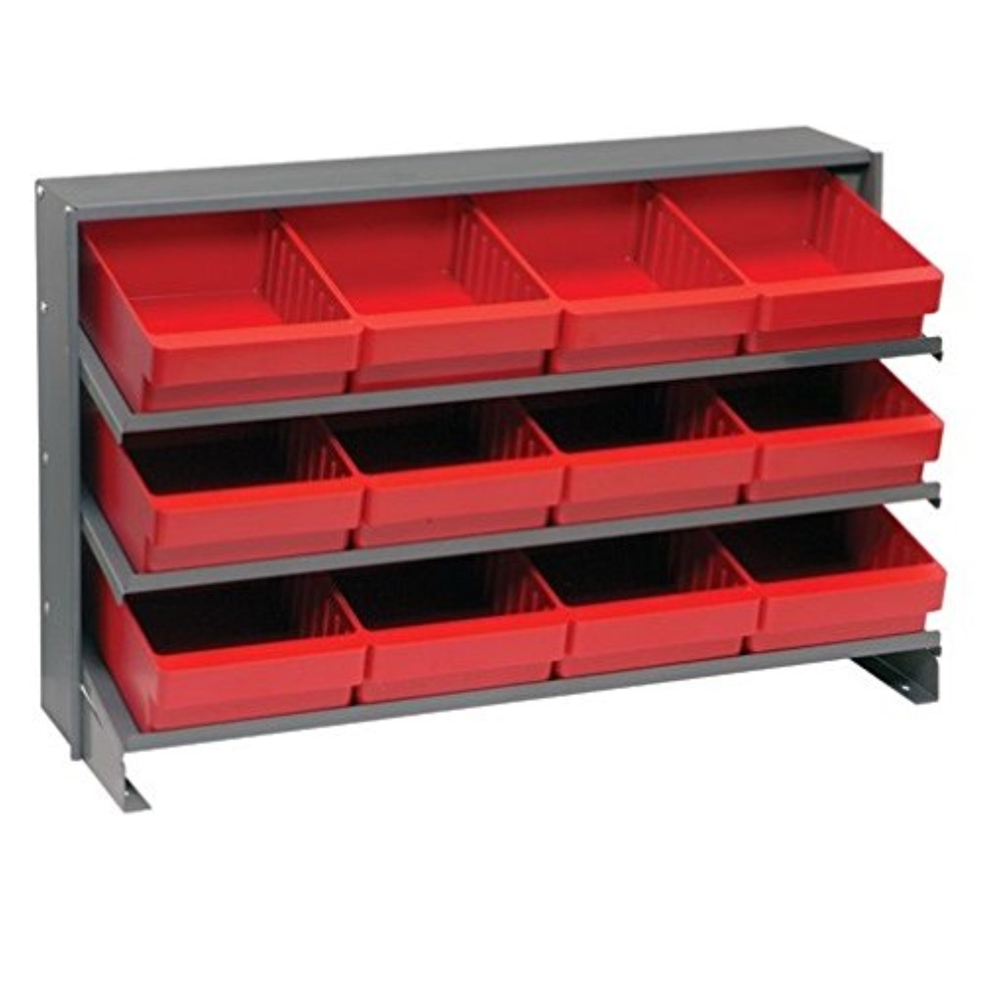 Pick Rack, slopped, bench style, 12-1/2L x 36W x 23H, 250 lbs. capacity, (3) shelves configuration, includes: (12) QED701 red bi