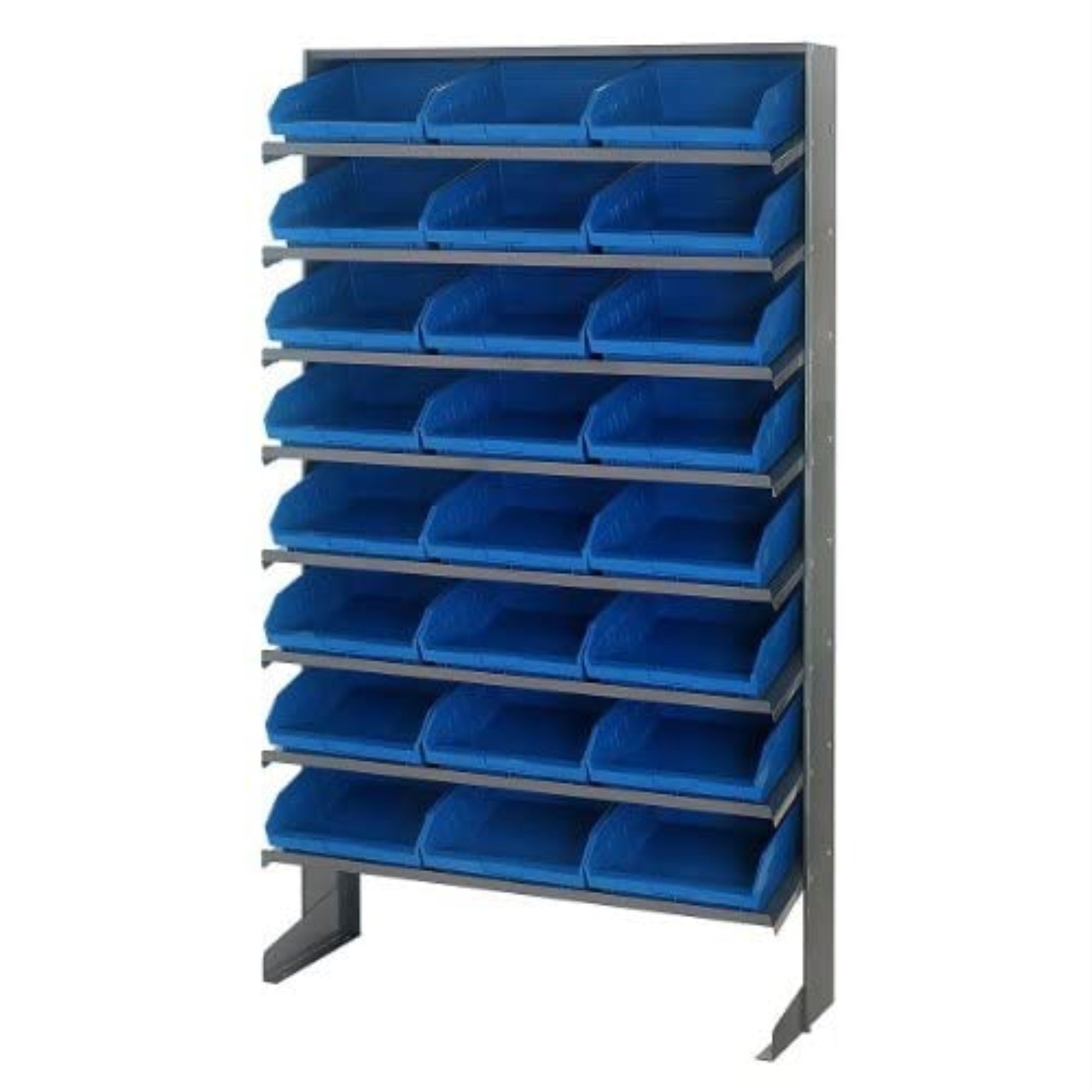 Pick Rack, slopped, single sided, 12D x 36W x 60H, 400 lbs. capacity, includes: (8) shelves and (24) QSB109 blue bins, galvanize