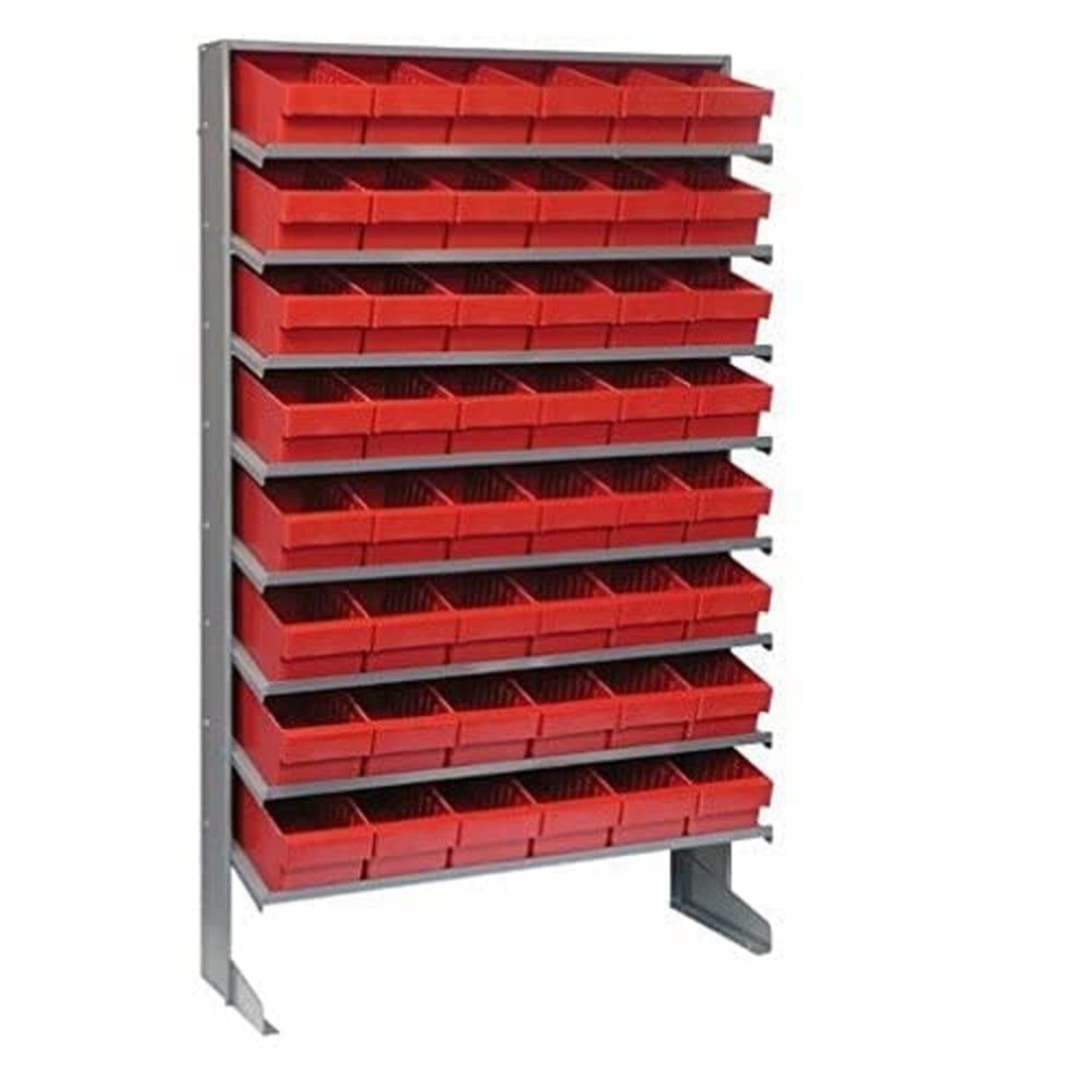 Pick Rack, slopped, single sided, 12D x 36W x 63-1/2H, 400 lbs. capacity, includes: (8) shelves and (48) QED601 red bins, galvan