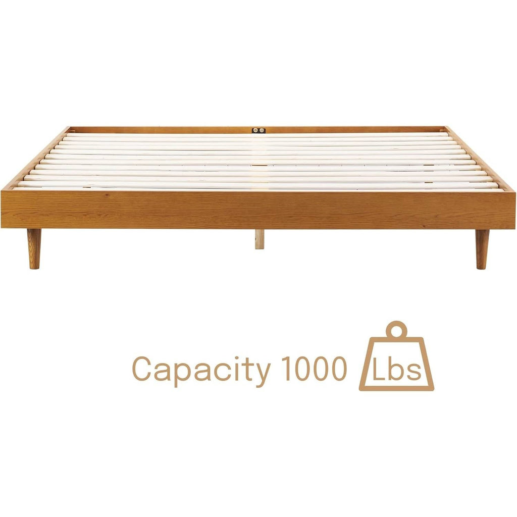 Queen size Mid-Century Modern Platform Bed Frame in Light Wood Finish