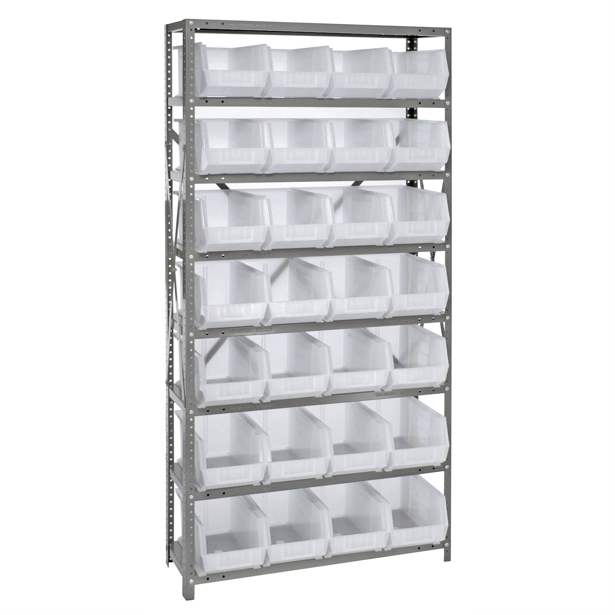 Shelving Unit, 12D x 36L x 75H, heavy duty, 400 lb. load capacity per shelf, includes: (8) shelves and (28) QUS239 clear bins, u