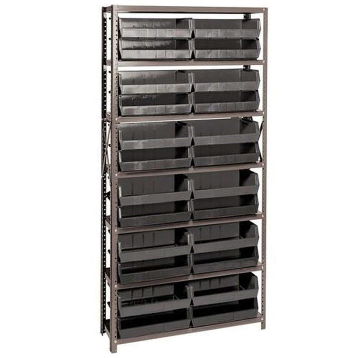 Shelving Unit, 12D x 36L x 75H, heavy duty, 400 lb. load capacity per shelf, includes: (7) shelves and (24) QUS245 black bins, u