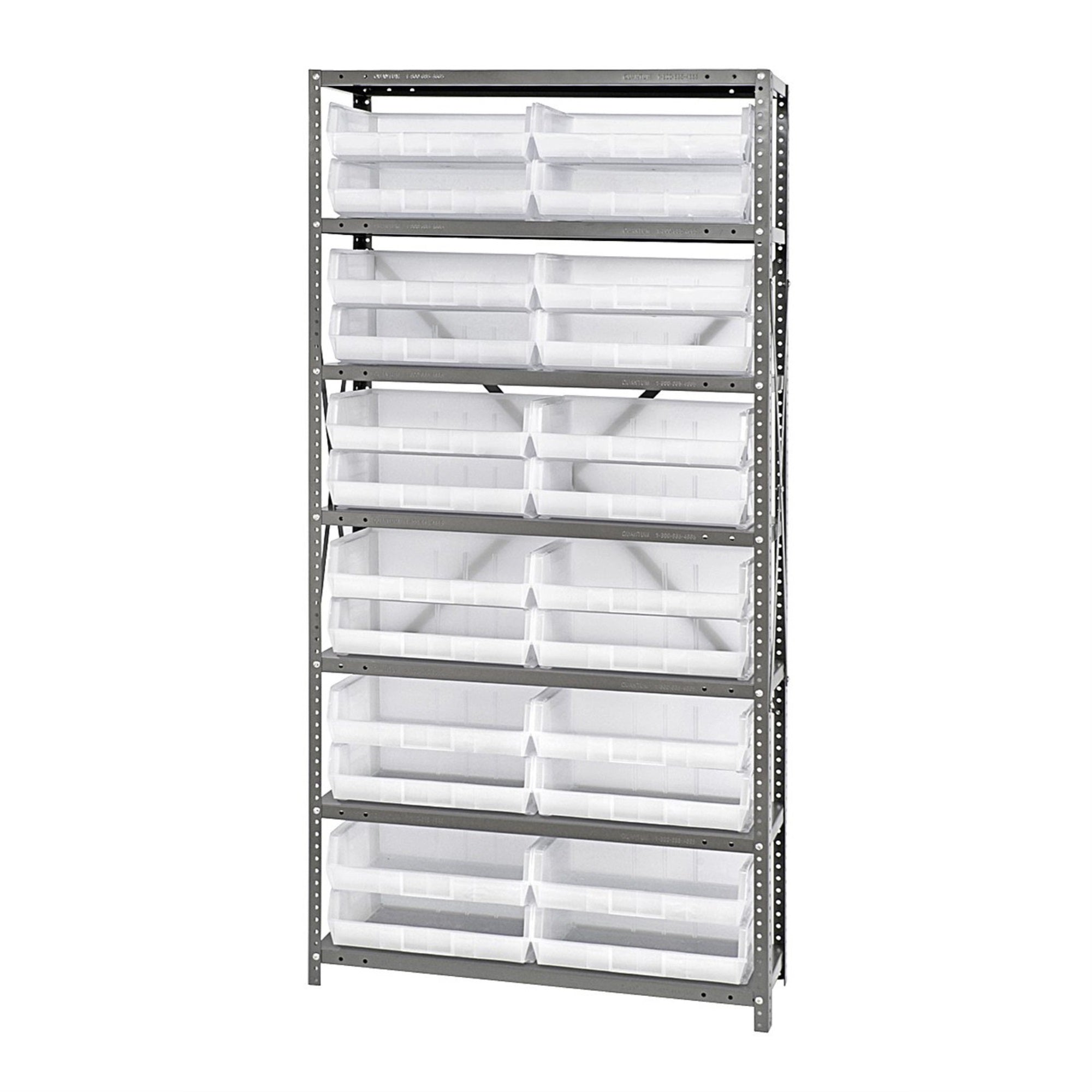 Shelving Unit, 12D x 36L x 75H, heavy duty, 400 lb. load capacity per shelf, includes: (7) shelves and (24) QUS245 clear bins, u