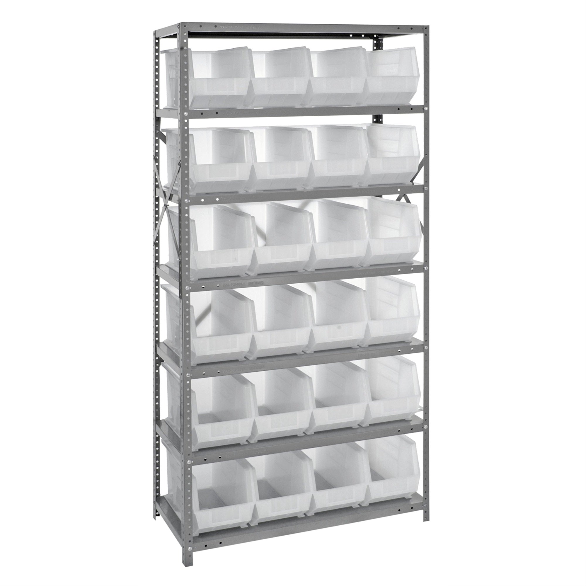 Shelving Unit, 18D x 36L x 75H, heavy duty, 400 lb. load capacity per shelf, includes: (7) shelves and (24) QUS265 clear bins, u