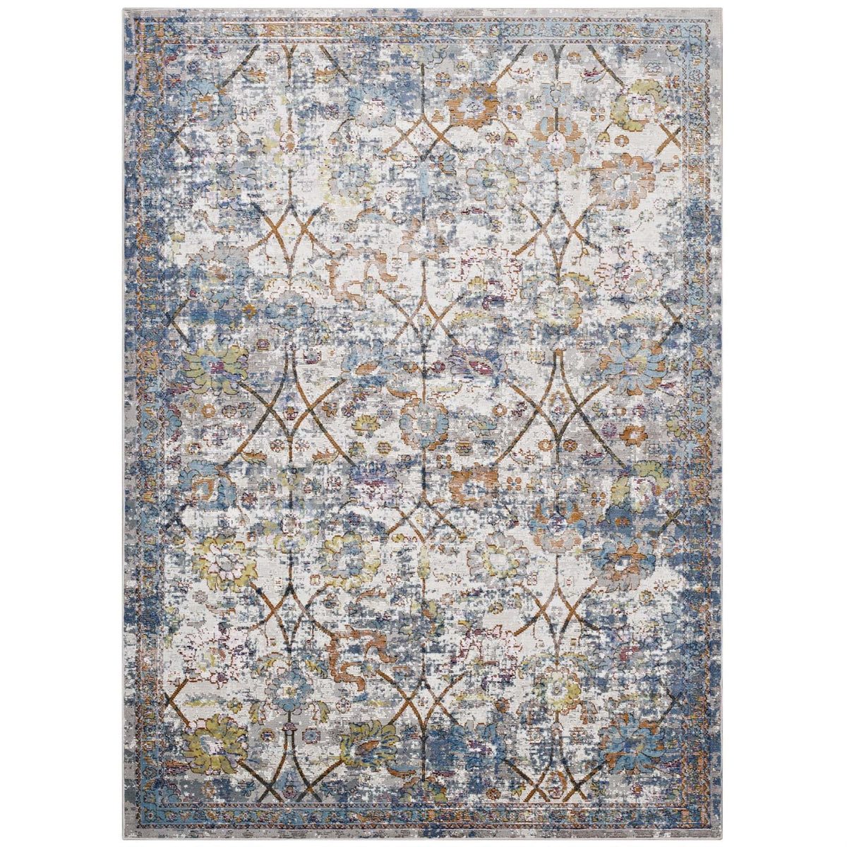 Minu Distressed Floral Lattice Area Rug  Durable Machinewoven Polypropylene, Rubber Bottom, Nonshedding, Stainresistant  8X