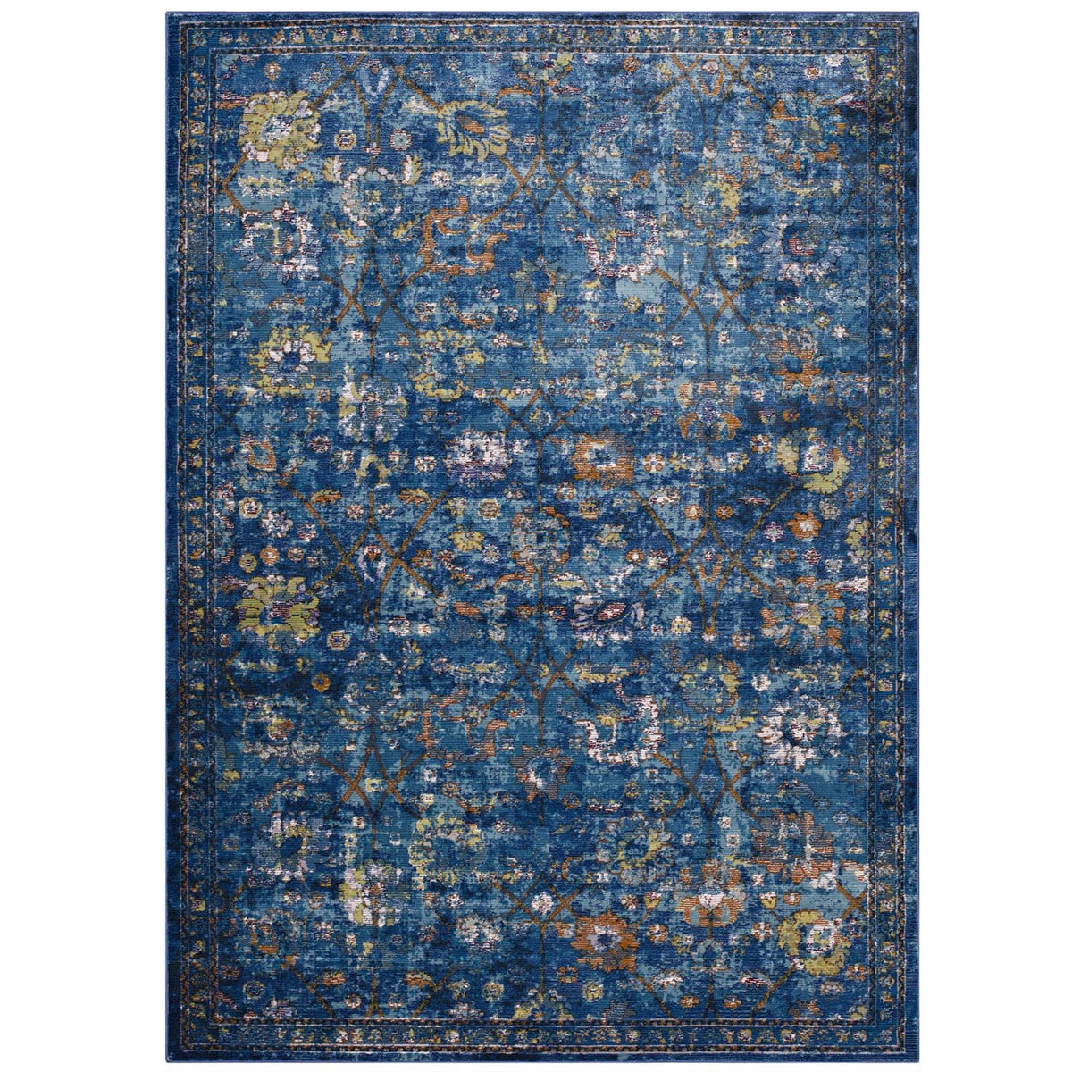 Minu Distressed Floral Lattice Area Rug  Durable, Elegant Design  Rubber Bottom, Stain Resistant  5X8 Dark Blue, Yellow, Oran