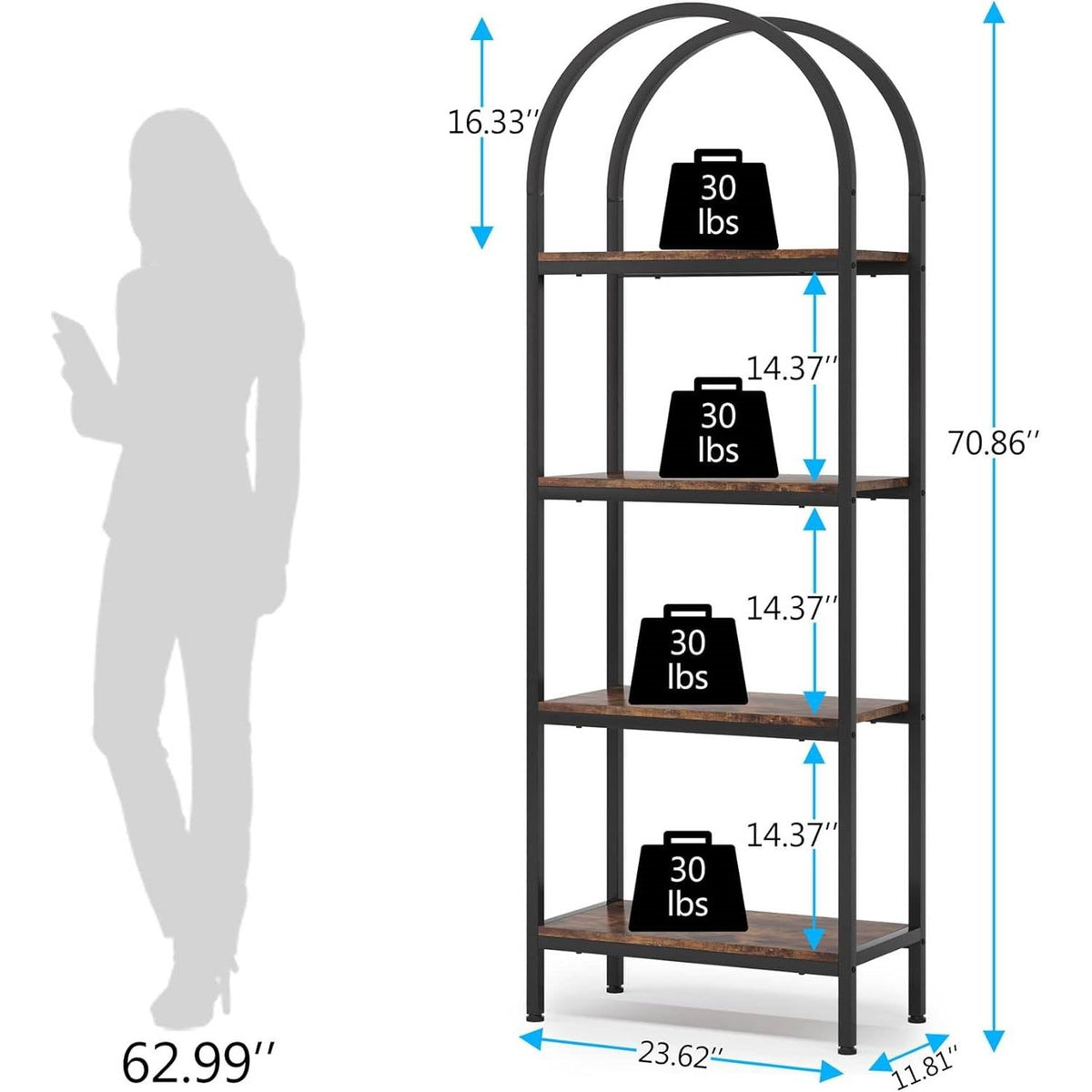 Modern Industrial Metal Wood Display Rack Bookcase with 4 Storage Shelves