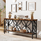 Modern 70-inch Long Narrow Console Sofa Table with Brown Wood Top and Shelf