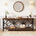 Modern 70-inch Long Narrow Console Sofa Table with Brown Wood Top and Shelf