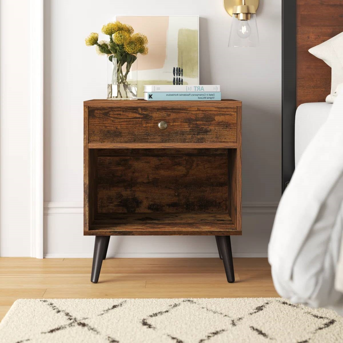 Mid-Century Farmhouse Bedroom 1-Drawer Nightstand End Table with Open Shelf