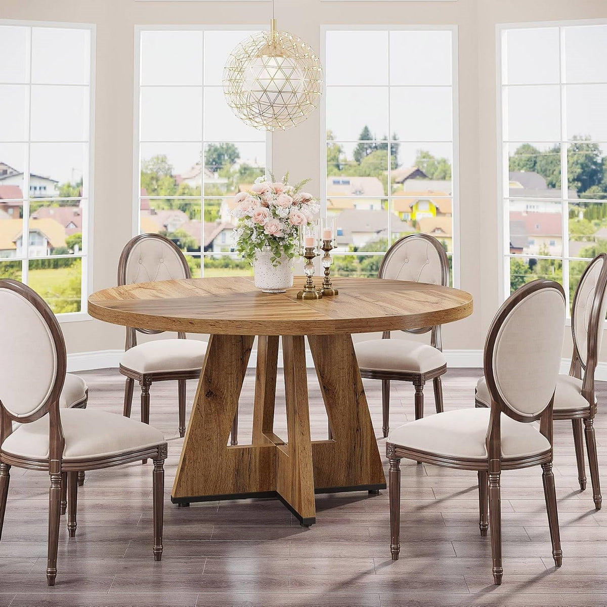 Modern Kitchen 4-Person Circular Dining Table in Retro Brown Wood Finish