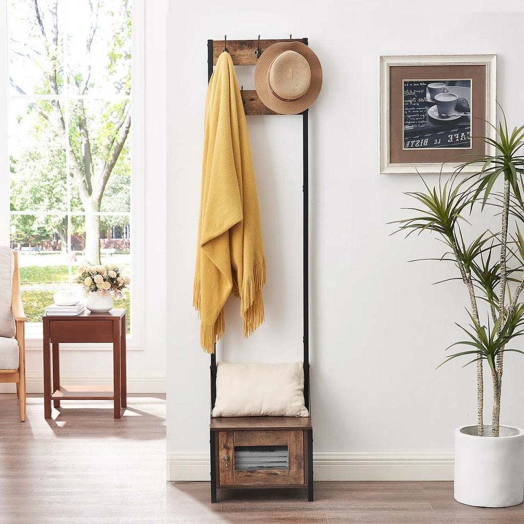 Modern Industrial Metal Wood Entryway Hall Tree Shoe Storage Bench Coat Rack