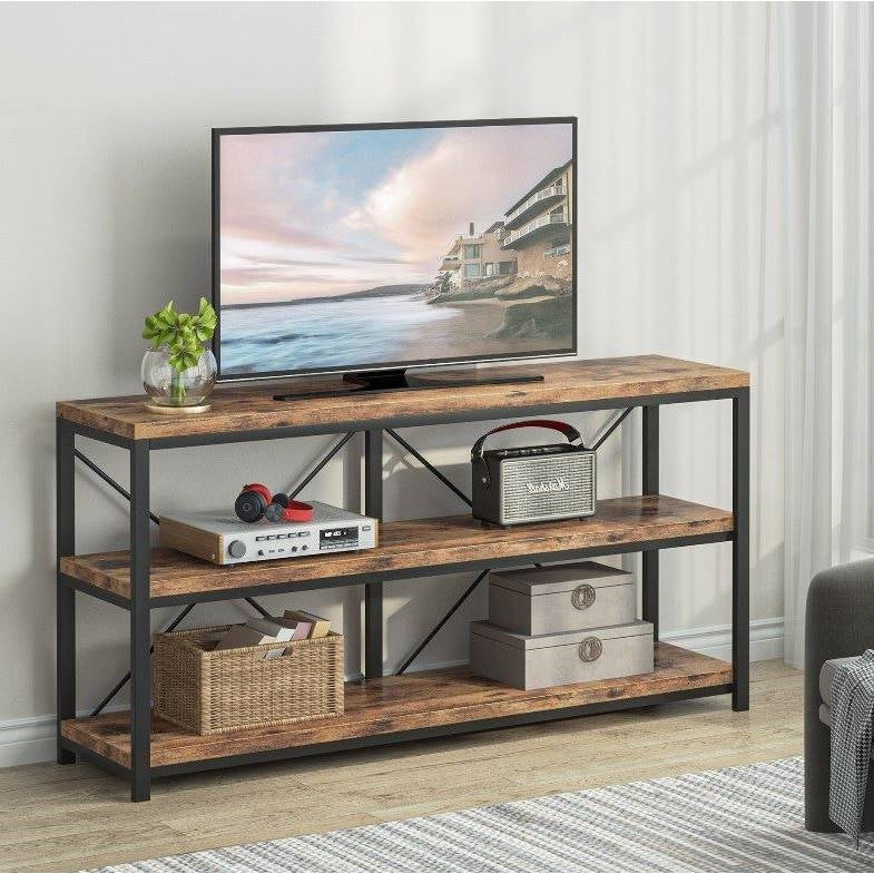 Industrial 55-inch Wood Shelf Console Sofa Table with Sturdy Black Metal Frame