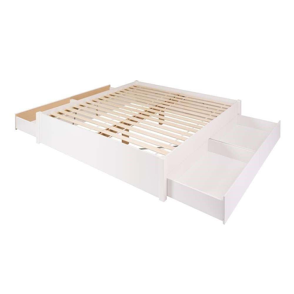 King Size 4 Drawer Storage White Wooden 4 Post Platform Bed  Frame