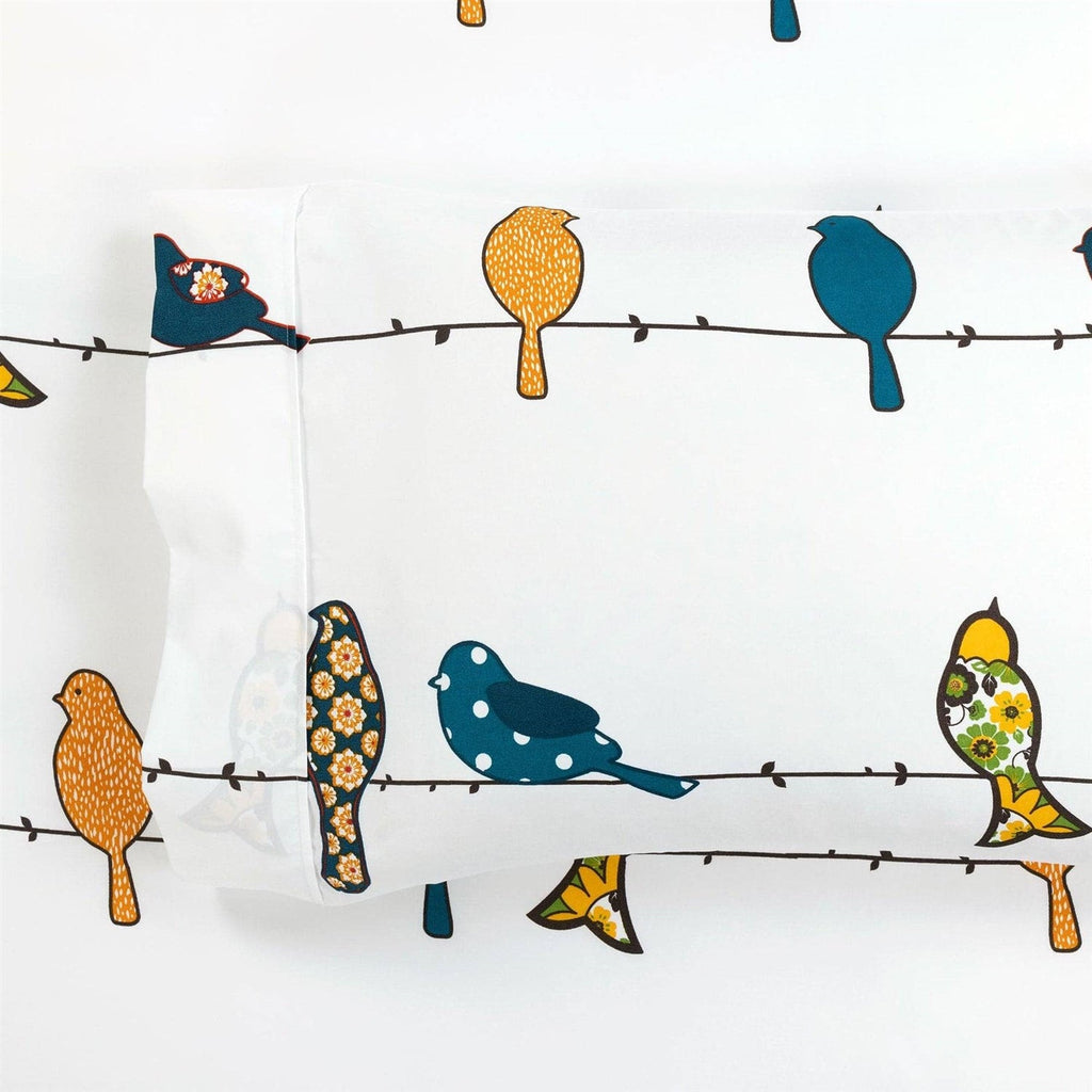 Queen Teal Yellow White Floral Birds on Wire Soft Polyester 6 Piece Sheet Set