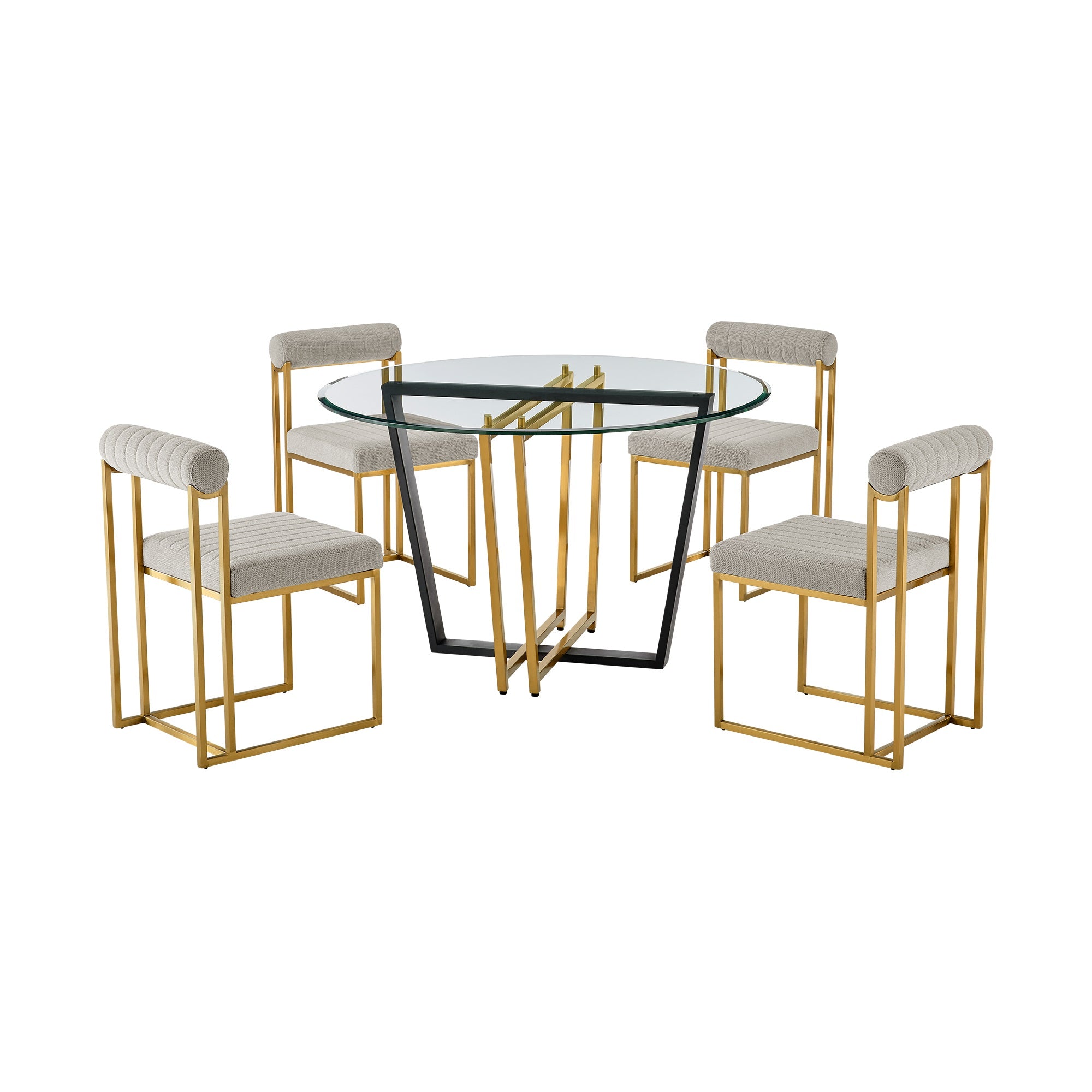 Devi Anastasia 5 Piece Round Glass Dining Table Set with Metal Frame and Upholstered Chairs