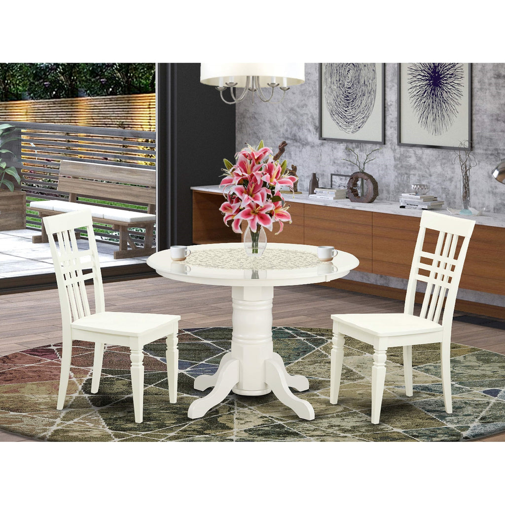 East West Furniture SHLG3-LWH-W 3 Piece Modern Dining Table Set Contains a Round Kitchen Table with Pedestal and 2 Dining Chairs, 42x42 Inch, Linen White