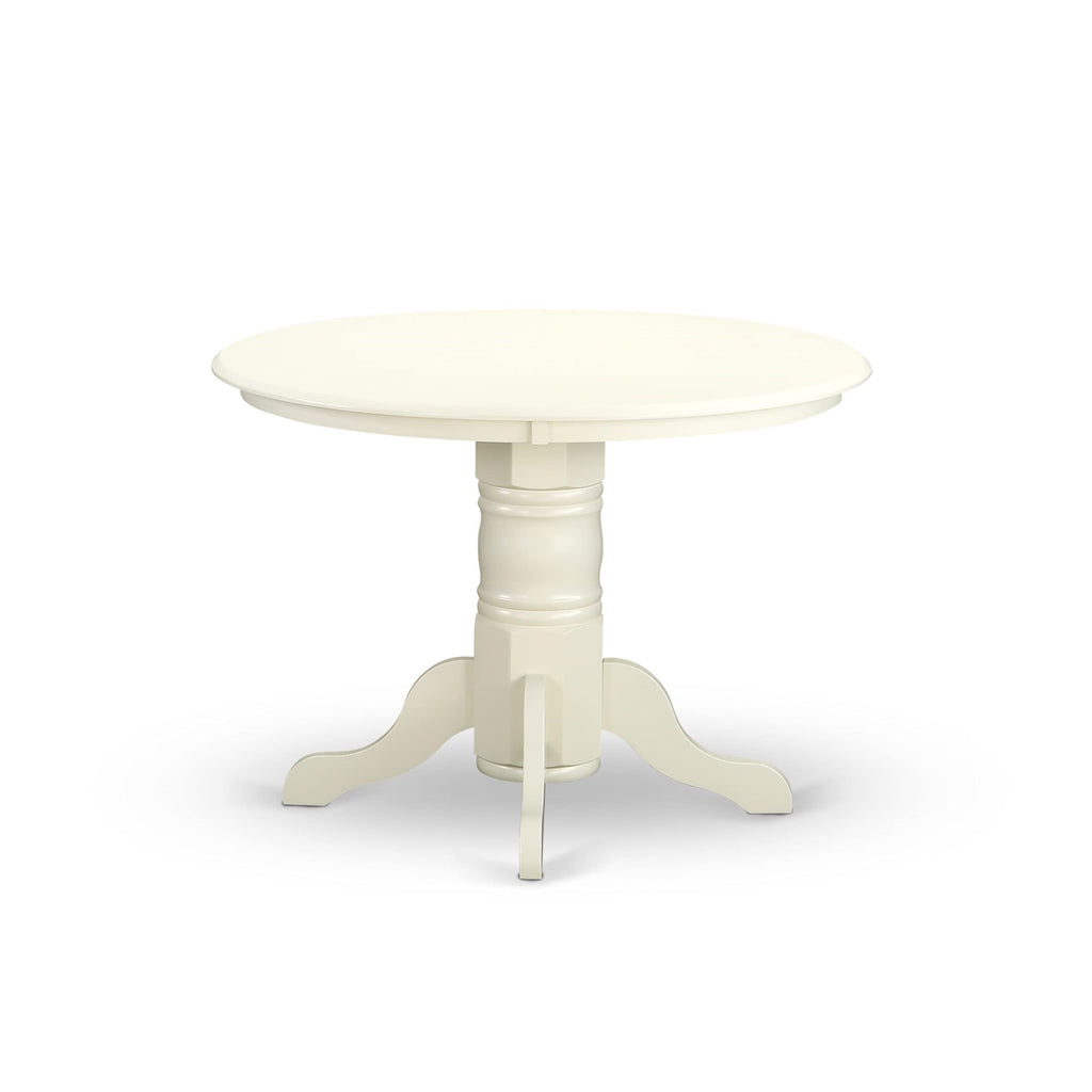 East West Furniture SHLG3-LWH-W 3 Piece Modern Dining Table Set Contains a Round Kitchen Table with Pedestal and 2 Dining Chairs, 42x42 Inch, Linen White