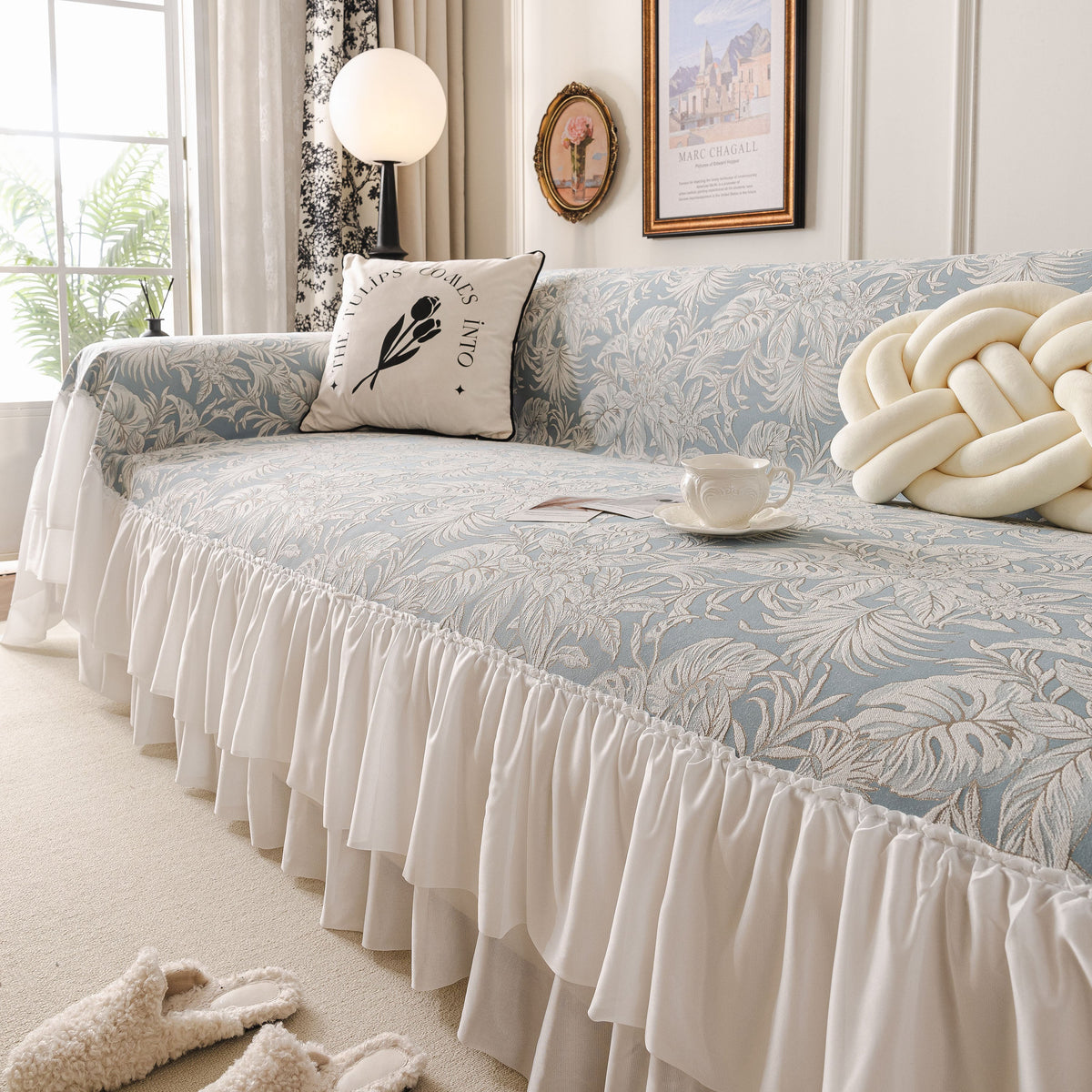 French Chic Style Ruffle Floral Cover Throws for Sofas, Decorative Couch Covers