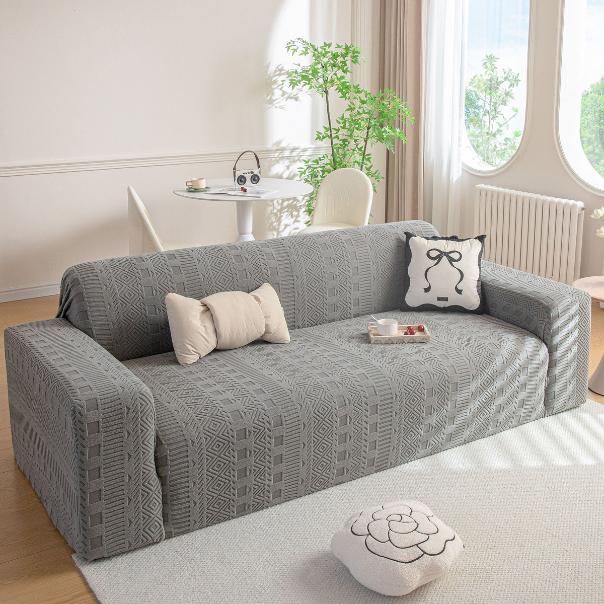 High Stretch Embossed Geometric Slipcover for Couch, Cozy Plush Fleece Couch Cover