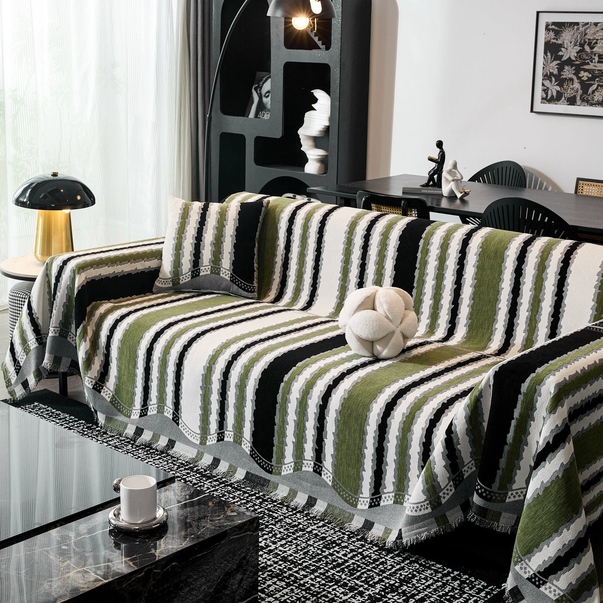 Striped Chenille Sofa Throw Covers, Boho Style Cozy Couch Protector Blanket