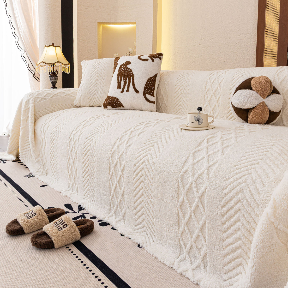Plush Fleece Sofa Cover with 3D Cable Knit Texture Soft Cozy Warm Sofa Throw Blanket