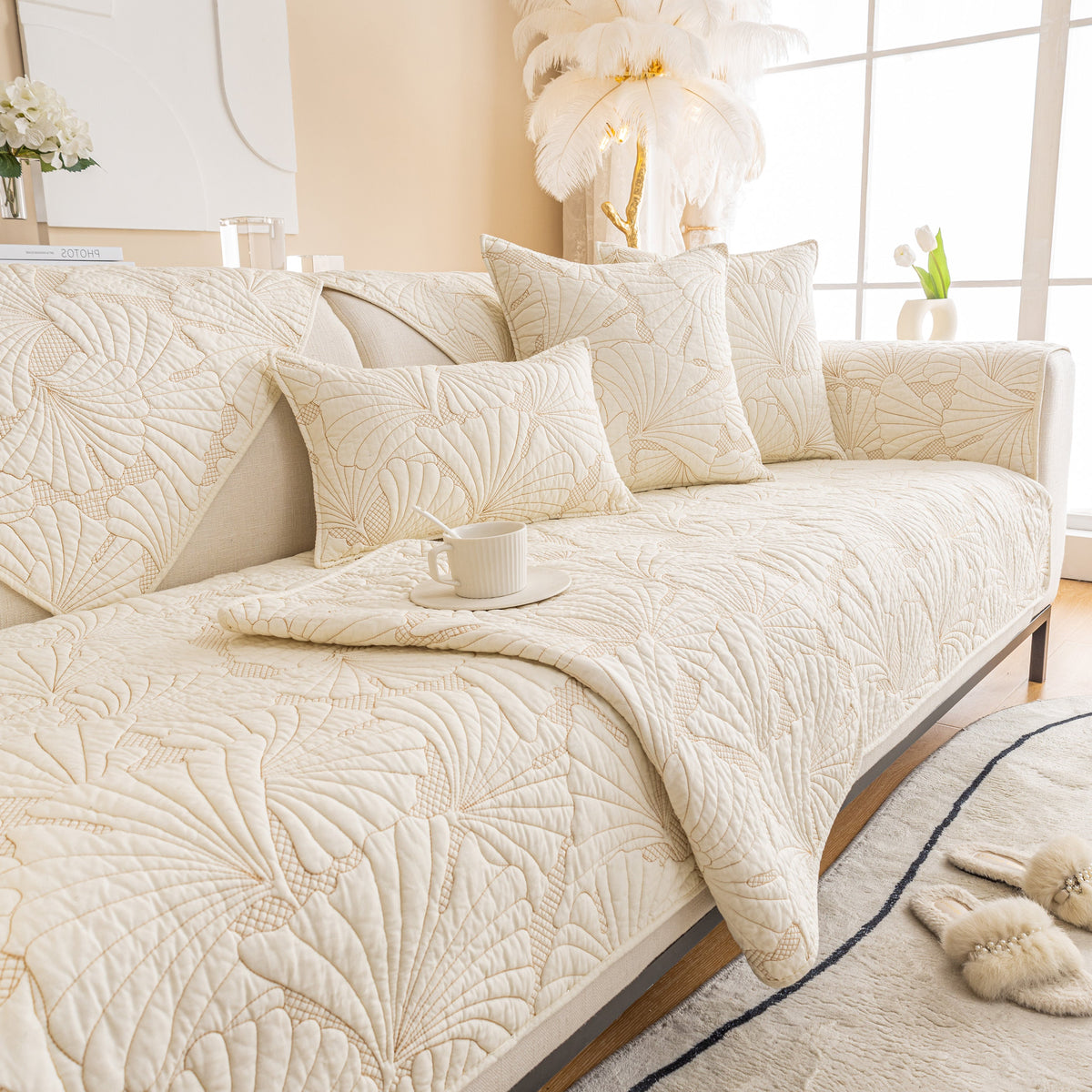 Embossed Leaf Cotton Quilted Sofa Cover Non-Slip Couch Protector with Thick Padding