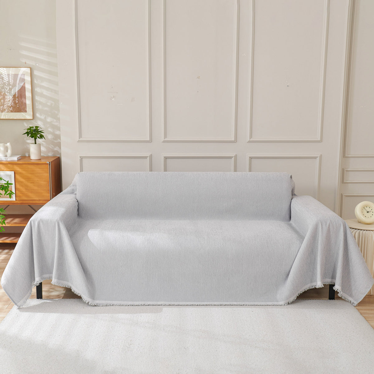 Solid Color Chenille Sofa Throw Blanket, Cozy & Easy Care Fringed Furniture Protector
